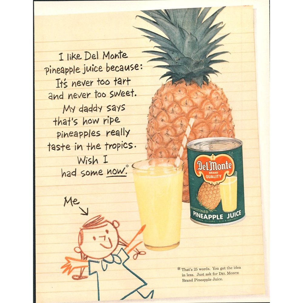1956 Del Monte Pineapple Juice Vintage Print Ad Little Girl Stick Figure Drawing